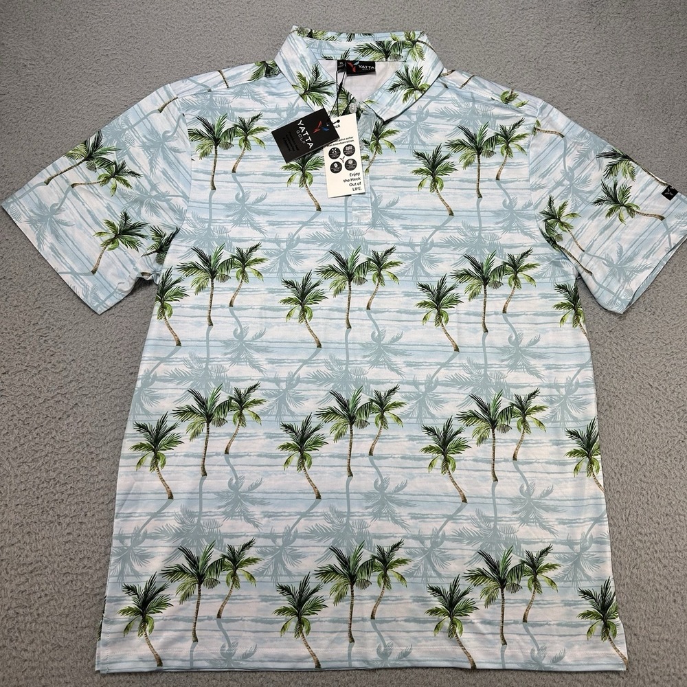 YATTA GOLF‎ Polo Shirt Mens Extra Large Blue Green Palm Tree Tropical Floral AOP